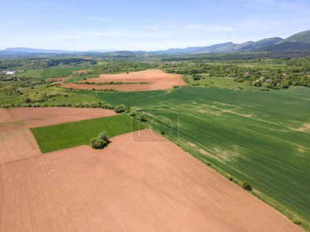 Spring Aerial view of rural land near town of Godech, Sofia region, Bulgaria