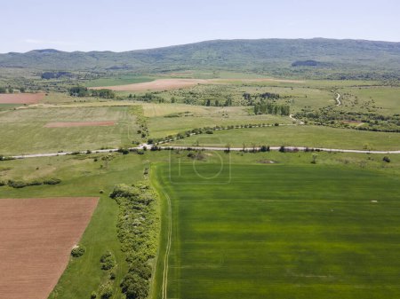 Spring Aerial view of rural land near town of Godech, Sofia region, Bulgaria
