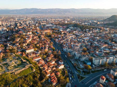 Amazing Aerial Sunset view of City of Plovdiv, Bulgaria