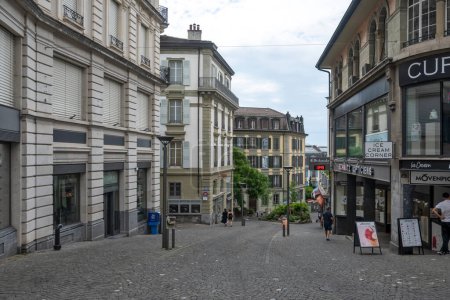Photo for LAUSANNE, SWITZERLAND - JUNE 18, 2023: Typical Building and street at city of Lausanne, Canton of Vaud, Switzerland - Royalty Free Image