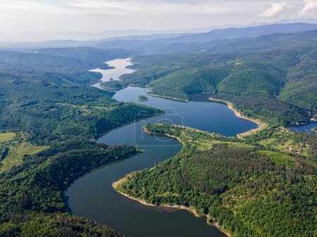 Aerial spring view of Topolnitsa Reservoir, Sredna Gora Mountain, Bulgaria
