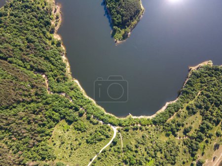 Aerial spring view of Topolnitsa Reservoir, Sredna Gora Mountain, Bulgaria