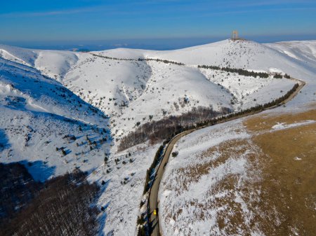 Amazing Aerial winter view of Balkan Mountains around Beklemeto pass, Bulgaria