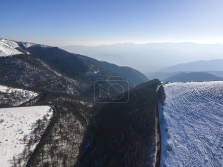 Amazing Aerial winter view of Balkan Mountains around Beklemeto pass, Bulgaria