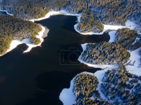 Aerial winter view of Shiroka polyana (Wide meadow) Reservoir, Pazardzhik Region, Bulgaria