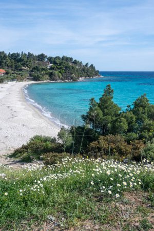 Vue imprenable sur le littoral de Sithonie près de la plage de Koviou, Chalcidique, Macédoine centrale, Grèce