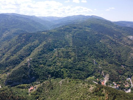 Aerial Spring view of Rhodope Mountains near town of Asenovgrad, Plovdiv Region, Bulgaria