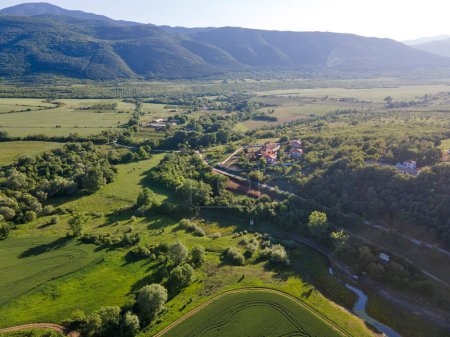 Aerial Spring view of The Forty Springs Reservoir near town of Asenovgrad, Plovdiv Region, Bulgaria