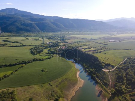 Aerial Spring view of The Forty Springs Reservoir near town of Asenovgrad, Plovdiv Region, Bulgaria