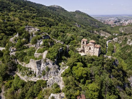 Aerial Spring view of Church of the Holy Mother of God at ruins of Medieval Asen Fortress, Asenovgrad, Plovdiv Region, Bulgaria