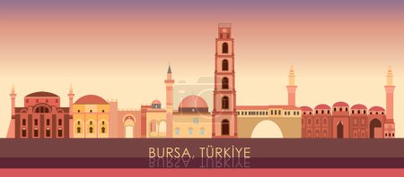 Illustration for Sunset Skyline panorama of city of Bursa, Turkiye - vector illustration - Royalty Free Image