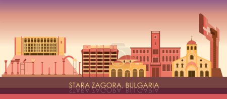 Téléchargez les illustrations : Coucher de soleil Skyline panorama de la ville de Stara Zagora, Bulgarie- illustration vectorielle - en licence libre de droit