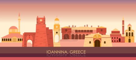 Ilustración de Sunset Skyline panorama de la ciudad de Ioannina, Epiro, Grecia - ilustración vectorial - Imagen libre de derechos
