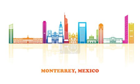 Téléchargez les illustrations : Panorama coloré de la ville de Monterrey, Mexique - illustration vectorielle - en licence libre de droit