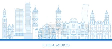 Téléchargez les illustrations : Aperçu panorama Skyline de la ville de Puebla, Mexique illustration vectorielle - en licence libre de droit