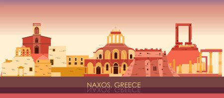 Téléchargez les illustrations : Coucher de soleil Skyline panorama de Naxos, Îles Cyclades, Grèce illustration vectorielle - en licence libre de droit
