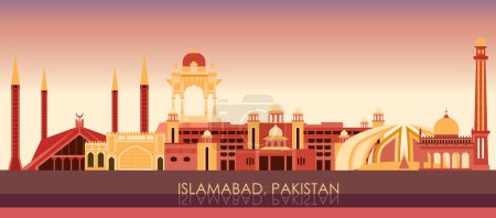 Téléchargez les illustrations : Coucher de soleil Skyline panorama de la ville d'Islamabad, Pakistan illustration vectorielle - en licence libre de droit