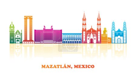 Téléchargez les illustrations : Colourfull Skyline panorama of city of Mazatlan, Mexico - vector illustration - en licence libre de droit