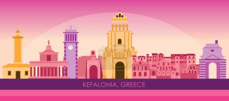 Illustration for Sunset Skyline panorama of Kefalonia, Ionnian Islands, Greece - vector illustration - Royalty Free Image