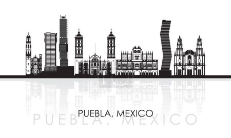 Téléchargez les illustrations : Panorama silhouette Skyline de la ville de Puebla, Mexique illustration vectorielle - en licence libre de droit