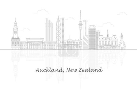 Téléchargez les illustrations : Aperçu panorama Skyline de la ville d'Auckland, Nouvelle-Zélande illustration vectorielle - en licence libre de droit