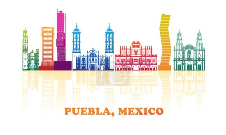 Téléchargez les illustrations : Panorama Skyline coloré de la ville de Puebla, Mexique illustration vectorielle - en licence libre de droit