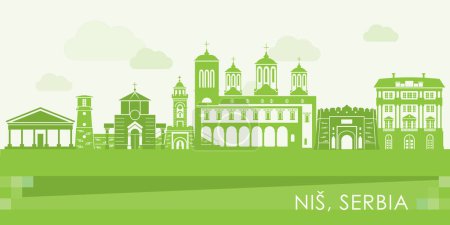Téléchargez les illustrations : Panorama vert Skyline de la ville de Nis, Serbie - illustration vectorielle - en licence libre de droit
