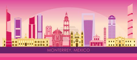 Sunset Skyline panorama of city of Monterrey, Mexico - vector illustration