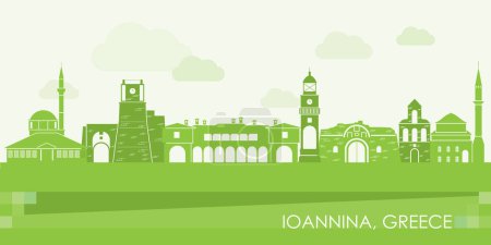 Téléchargez les illustrations : Panorama vert Skyline de la ville de Ioannina, Épire, Grèce illustration vectorielle - en licence libre de droit