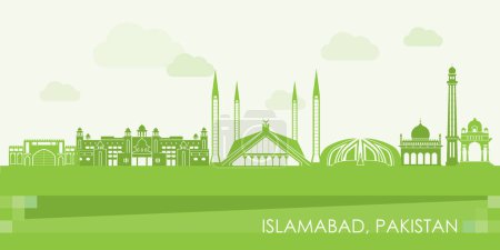 Téléchargez les illustrations : Panorama vert Skyline de la ville d'Islamabad, Pakistan illustration vectorielle - en licence libre de droit
