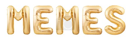 Foto de Palabra MEMES hecha de globos inflables dorados aislados sobre fondo blanco - Imagen libre de derechos