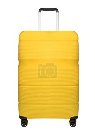 Téléchargez les photos : Valise de voyage jaune isolée sur fond blanc. Valise de voyage en plastique sur roues avec poignée - en image libre de droit