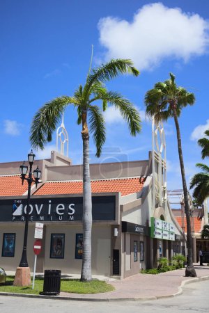 Photo for ORANJESTAD, ARUBA - JULY 17, 2022: The Movies cinema at the Renaissance Marketplace Mall in the city center of Oranjestad on the Caribbean island of Aruba (Selective Focus, Focus on the front of the image) - Royalty Free Image