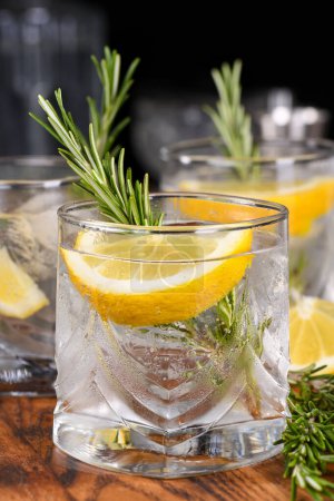 Foto de Se trata de un refrescante cóctel de gin tonic orgánico con un exprimido de limón y romero. Perfecto para vegetarianos. - Imagen libre de derechos