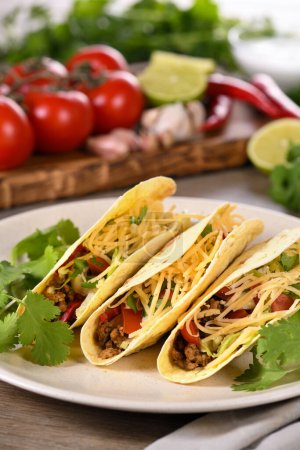 Foto de Taco con carne molida y aguacate, col y queso. Cocina Mexicana. - Imagen libre de derechos