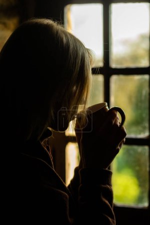 Téléchargez les photos : Dark profile of a woman with a cup in her hand near the window. Morning coffee. - en image libre de droit