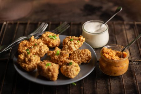 Photo for Pieces of flour-fried cauliflower with vegan sauces on a plate on a dark background. Cauliflower wings food. - Royalty Free Image