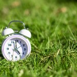 White color alarm clock on green grass. Place for text. Time, circadian rhythm, early rise concept.