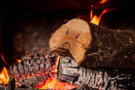 Photo for Increase in prices for firewood concept. Log with sad smiley in burning fireplace. - Royalty Free Image