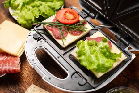 Téléchargez les photos : Une machine à sandwich avec deux sandwichs différents avec tomates, jambon, oignons et fromage. Préparation d'un repas léger. - en image libre de droit