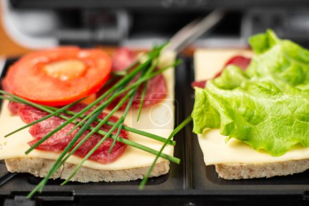 Foto de Una sandwichera con dos sándwiches diferentes con tomates, jamón, cebolla y queso. Preparación de una comida ligera. - Imagen libre de derechos