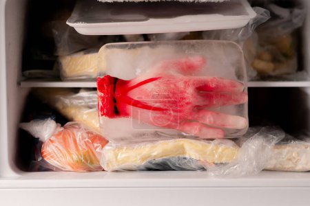 Photo for Frosty Prank: A frozen mock human hand in an ice block inside a fridge freezer, setting the stage for a chilling Halloween prank or mischievous trick - Royalty Free Image