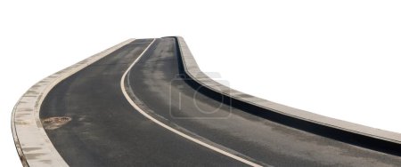 A section of a curved new asphalt road isolated on white