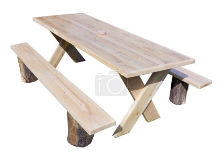 Photo for A handmade table and benches made for pine wood. Isolated on white - Royalty Free Image