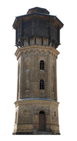 La antigua torre de agua de la ciudad está hecha de ladrillos amarillos y madera. Aislado sobre blanco