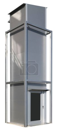 Téléchargez les photos : La cabine de l'ascenseur pour handicapés est installée dans une tour métallique haute. Isolé sur blanc - en image libre de droit