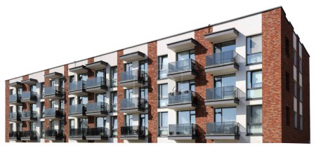 Téléchargez les photos : Fenêtres et balcons d'un immeuble résidentiel standard en brique rouge. Isolé sur blanc - en image libre de droit