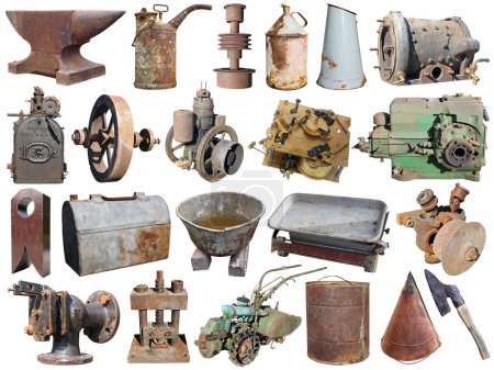 Various rusty retro rustic objects set. Isolated on white