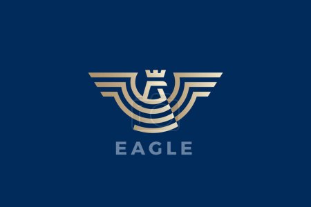 Illustration for Eagle Logo Wings Geometric Heraldic Luxury Design Vector template. Falcon Hawk Bird with Crown Linear Outline Golden Logotype icon. - Royalty Free Image