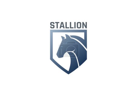 Illustration for Horse Logo Equestrian on Shield Design Vector Heraldic Vintage style. Stallion Mustang Logotype concept icon. - Royalty Free Image